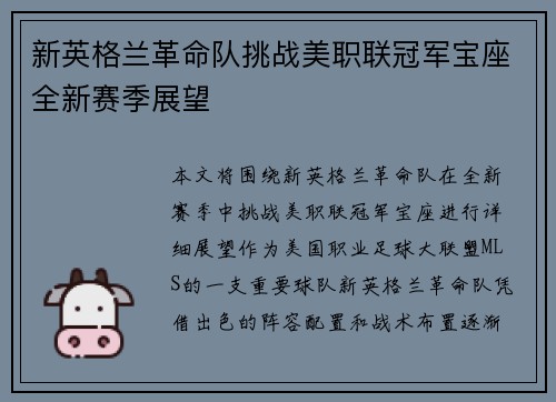 新英格兰革命队挑战美职联冠军宝座全新赛季展望