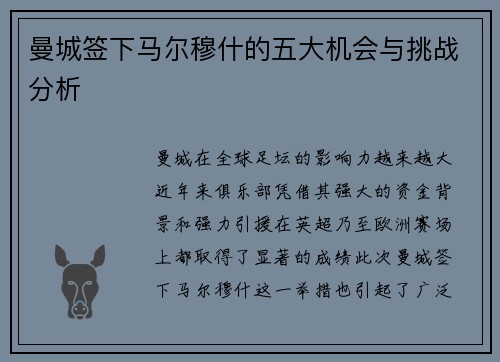 曼城签下马尔穆什的五大机会与挑战分析