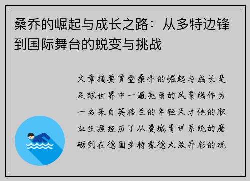 桑乔的崛起与成长之路：从多特边锋到国际舞台的蜕变与挑战