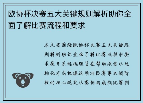 欧协杯决赛五大关键规则解析助你全面了解比赛流程和要求